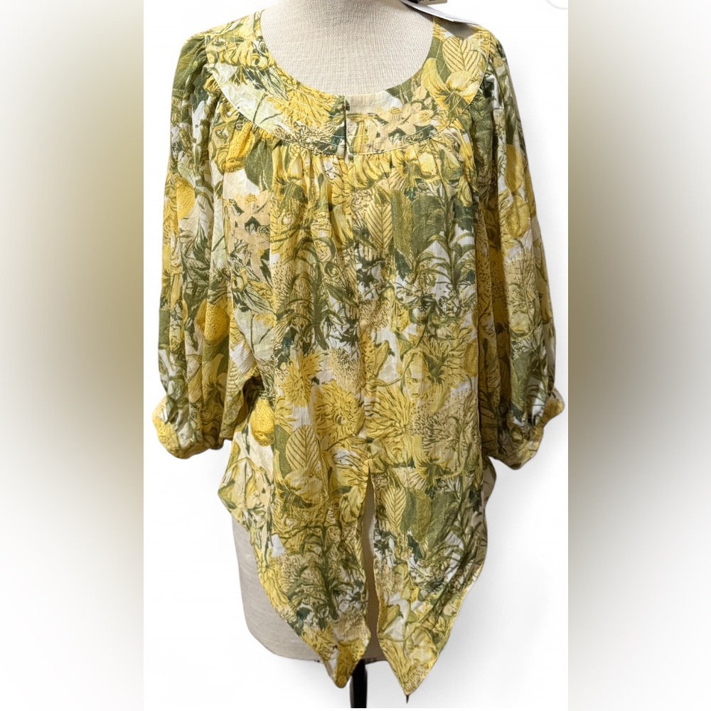 Rose + Olive Floral Print Blouse Women's Size L Green Yellow NWT Flowy Top